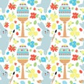 Bright childish pattern with a bunny painting an Easter egg on a white background with spring flowers. Royalty Free Stock Photo